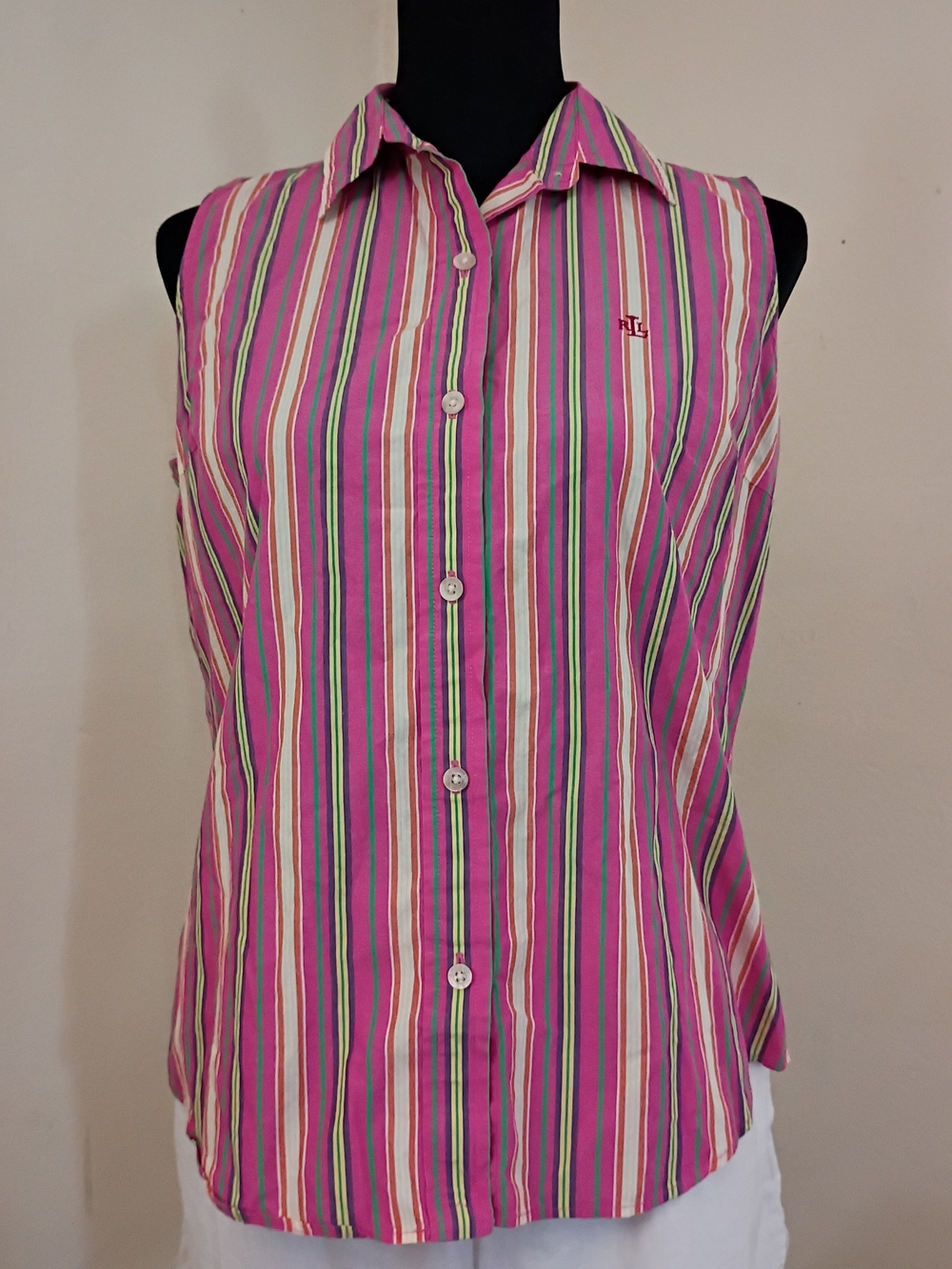 Vintage Lauren Ralph Lauren Pink Multistripe Sleeveless Button-Down Shirt